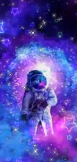 Vibrant astronaut in a galaxy with neon stars.