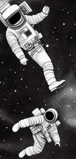 Two astronauts float in black galaxy space art wallpaper.