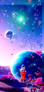 Dreamy space wallpaper with astronaut in purple galaxy setting.