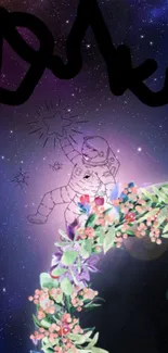 Astronaut with floral wreath in galaxy background.