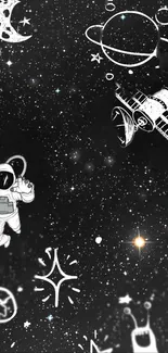 Astronaut and space illustrations with planets, stars, and a satellite on a starry background.