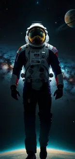 Astronaut standing in front of galaxy and planets wallpaper.