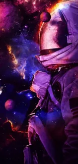 Astronaut exploring vibrant galaxy with planets in background.