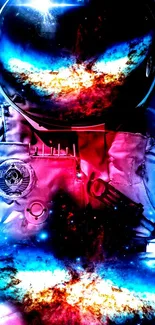 Astronaut standing with galaxy reflection in helmet, vibrant cosmic colors.