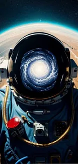 Astronaut with galaxy reflection in helmet, set against Earth backdrop.