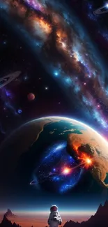 Astronaut gazing at Earth and galaxy in stunning cosmic wallpaper.