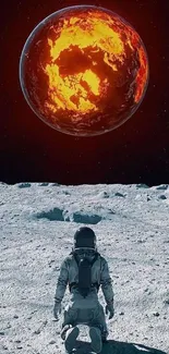 Astronaut kneeling on the moon's surface under a glowing fiery planet.