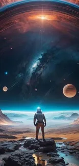 Astronaut stands on alien planet under cosmic sky.