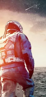 Astronaut looking out over a cosmic ocean at sunset in space-themed wallpaper.