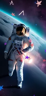 Astronaut floating in space with Earth and stars in the background.