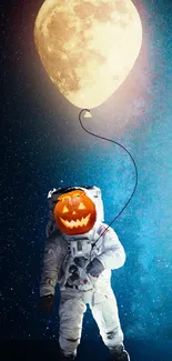 Astronaut with pumpkin head holding a moon balloon in space.