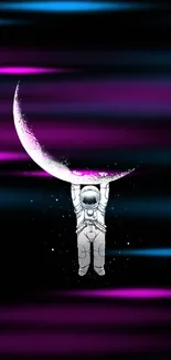 Astronaut hanging from the crescent moon on black background.