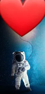 Astronaut with red heart balloon in space, cosmic background.