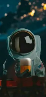 Astronaut in a suit holding a beer under a starry sky.