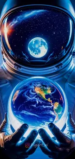 Astronaut holding Earth with cosmic reflections in helmet.