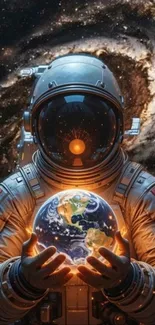Astronaut holds glowing Earth in galaxy.