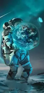 An astronaut holding Earth with a cosmic teal background.