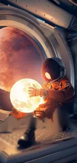 Astronaut holding glowing moon in space capsule with planet view.