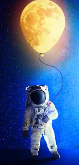 Astronaut holding a glowing moon balloon in a cosmic blue setting.