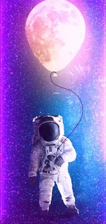 Astronaut with moon balloon in starry sky.