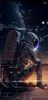 Astronaut sitting under a digital galaxy night sky with tech patterns.