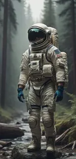 Astronaut standing in dimly lit forest, blending space and nature.