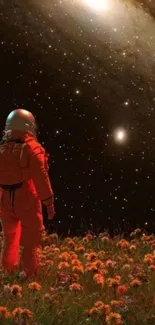 Astronaut standing in field under a galaxy sky.