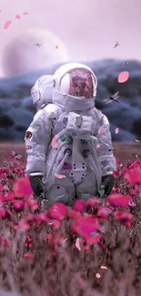 Astronaut standing in pink flower field under a lunar sky.