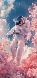 Astronaut floating in a pink blossom-filled sky.