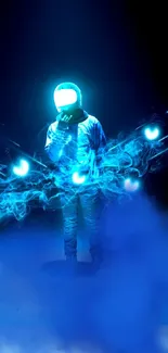 Astronaut in a blue cosmic realm with vibrant light and smoke.