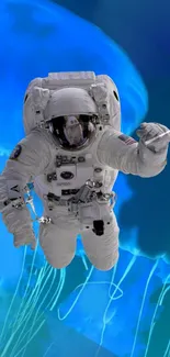 Astronaut floating with a blue cosmic background.