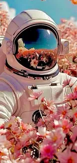 Astronaut in a field of pink cherry blossoms, blending space with nature.