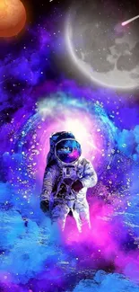 Astronaut in a vibrant blue and purple cosmic scene with planets.