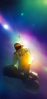 Astronaut floating in colorful galaxy, vibrant space scene.