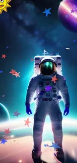 Astronaut surrounded by stars and planets in a vibrant space scene.