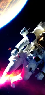 Astronaut floating in space with vivid cosmic colors.