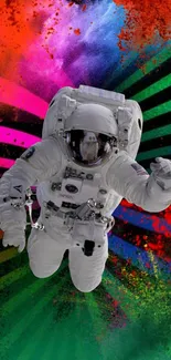 Astronaut floating in a colorful, cosmic background mobile wallpaper.