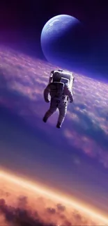 Astronaut floating above colorful clouds with a distant planet in view.