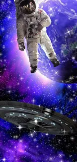 Astronaut floating in vibrant cosmic space with galaxies and a spaceship.