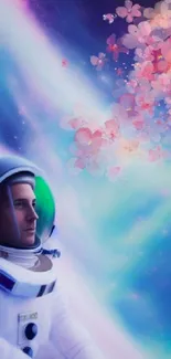 Astronaut amidst cosmic glow and blossoms on wallpaper.