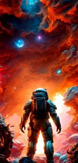 Astronaut stands amidst vibrant red cosmic clouds and celestial bodies.