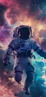 Astronaut floating through colorful cosmic clouds in space.