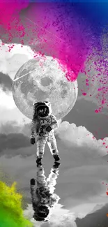 Astronaut with colorful splash reflecting in moonlit cosmic scene.