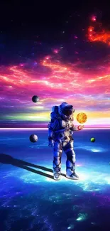 Colorful astronaut space wallpaper with planets and cosmic background.