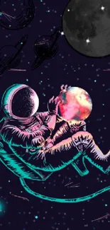 Astronaut floating in space with vibrant planets and stars.