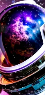 Astronaut in a vibrant cosmic scene with swirling galaxy lights and stars.