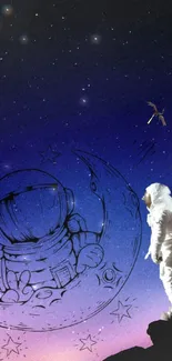 Astronaut gazing into a cosmic, starry night illustration on mobile wallpaper.