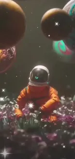 Astronaut among flowers and colorful planets floating in space.