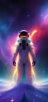 Astronaut standing in a vibrant cosmic landscape with galaxies and nebulae.