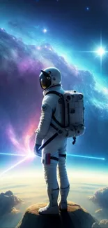 Astronaut standing on a ridge gazing into a vibrant cosmic dreamscape with a nebula.